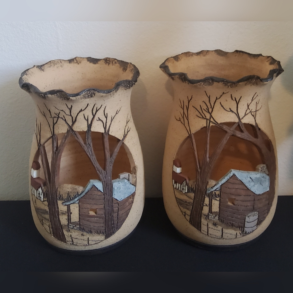 Barbara Bates Sgraffito Stoneware Candle Holder, set of 2